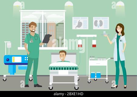 Arzt, Krankenschwester und kaukasischen männlichen Patienten im Krankenhaus Zimmer, Klinik Zimmer mit Möbeln, Cartoon Vektor-Illustration Stock Vektor