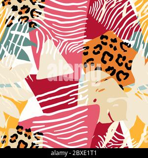 Helle, mehrfarbige nahtlose Muster mit Elementen aus tropischen Blättern, tierischen Elementen. Figur Haut Leopard, Tiger, Zebra. Moderne abstrakte Collage. Stock Vektor