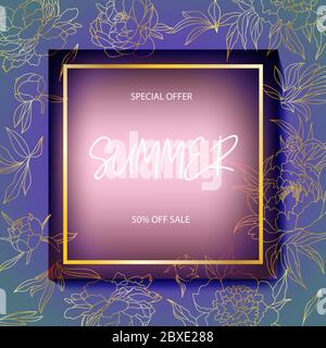 Lila Sommer-Frühling Hintergrund mit goldenen Elementen und Pfingstrosen. Stock Vektor