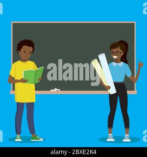afroamerikanische Jugendliche stehen in der Nähe einer Tafel, Platz für Text, zurück zur Schule Konzept, flache Vektor-Illustration Stock Vektor