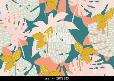 Helles, mehrfarbiges Nahtloses Muster mit Elementen aus tropischen Blättern. Moderne abstrakte Collage. Stock Vektor