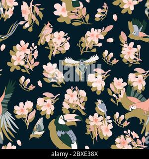 Nahtloses Muster mit rosa Sakura Blüten und tropischen Vögeln, Papageien. Auf schwarzem Hintergrund. Kontrastuntergrund für Stoff. Stock Vektor