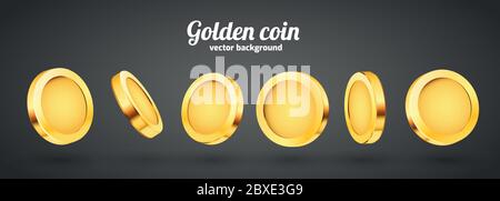 3d Gold isoliert Münzen gesetzt. Verschiedene Positionen. Fliegende Goldmünzen, goldener Regen Hintergrund. Jackpot oder Erfolgskonzept. Vektorgrafik Stock Vektor