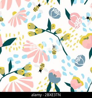 Nahtloses Muster mit einfachen geometrischen Wildblumen auf weißem Hintergrund. Rosa, blaue, gelbe Pflanzen. Stock Vektor