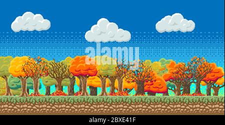 8bit Indie Arcade Spielszene, blauer Himmel mit Wolken, 28 verschiedene Herbstbäume mit farbigen Blättern, Blattfall. Details des Spiels Bäume, Erde Stock Vektor