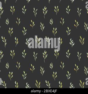 Dunkles Nahtloses Muster mit Pflanzenblättern, im Aquarellstil hergestellt. Botanische, Umwelt Hintergrund mit verschiedenen Formen von Blättern. Stock Vektor