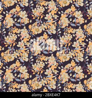 Abstraktes florales Nahtloses Muster. Helle Farben, Malerei auf einem dunklen Hintergrund. Kirschblüten. Stock Vektor