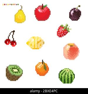 Set von minimalistischen Pixel Art Vektor Früchte isoliert.Spiel 8 bit style.Symbols Gruppe Sammlung. Wassermelone, Birne, Apfel, Zitrone, Erdbeere, Kirsche Stock Vektor