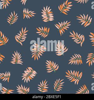 Dunkelblau mit rosafarbenem tropischem nahtlosem Muster mit Blättern von Pflanzen, im Aquarellstil. Botanisch, Umwelt Hintergrund mit verschiedenen Stock Vektor