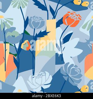 Moderne abstrakte nahtlose Muster mit geometrischen Formen, blühende Blumen. Gesättigten blauen Hintergrund Stock Vektor