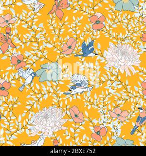 Nahtlose Muster, Wildblumen, Pfingstrosen und fliegende kleine Vögel auf einem leuchtend gelb-orangen Hintergrund. Stock Vektor