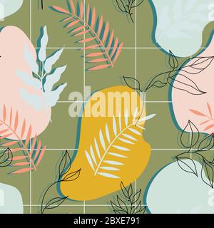 WebAutumn nahtloses Muster mit moderner Abstraktion und tropischen Blättern in braunen Herbstfarben. September und November Hintergrund für Design, Stoff. Stock Vektor