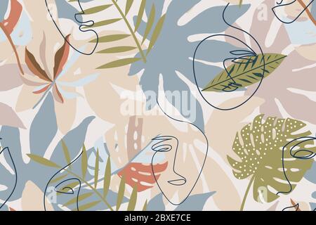 Gedämpftes, beige und braunes Nahtmuster mit abstrakten tropischen Blättern und einzeiligen Gesichtern. Stock Vektor