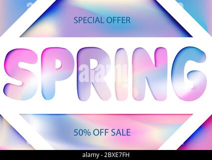 Inschrift Frühling auf einem abstrakten holographischen Hintergrund, Raum Tapete, Stil 90s, 80s. Stock Vektor