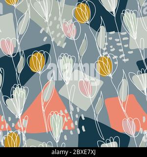 Moderne Collage, nahtloses Muster mit einer Linie Blumen. Tulpenblüte Stock Vektor