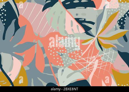 Helles, mehrfarbiges Nahtloses Muster mit Elementen aus tropischen Blättern. Moderne abstrakte Collage. Stock Vektor
