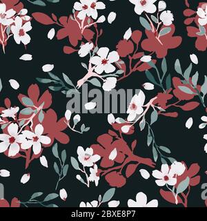 Abstraktes florales Nahtloses Muster. Helle Farben, Malerei auf einem dunklen Hintergrund. Kirschblüten. Stock Vektor