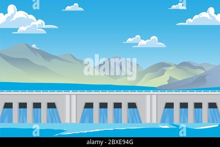 Landschaft von Damm am Fluss im Sommer Stock Vektor