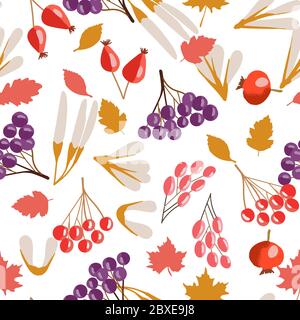 Herbst nahtlose Muster, September farbigen Blättern, Hagebutte, Beeren und Baumsamen sind zufällig auf einem hellen Hintergrund. Oktober Hintergrund Stock Vektor