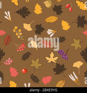 Herbst nahtloses Muster, September farbigen Blättern, Hagebutte, Beeren und Baumsamen sind zufällig auf einem dunklen Hintergrund lokalisiert. Oktober Hintergrund Stock Vektor