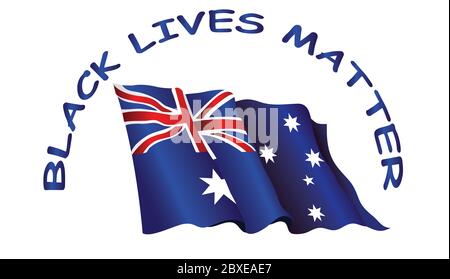 Die internationale Menschenrechtsbewegung Black Lives Matter mit Menschen, die friedlich auf dem Hintergrund der Flagge des Commonwealth of Australia demonstrieren Stockfoto