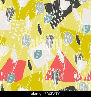 Moderne Collage, nahtloses Muster mit einer Linie Blumen. Tulpenblüte Stock Vektor
