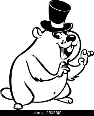 Cartoon skizziert Murmeltier an seinem Tag mit Bürgermeister Hut. Vektorgrafik. Happy Groundhog Tag Linie Kunst Thema Stock Vektor