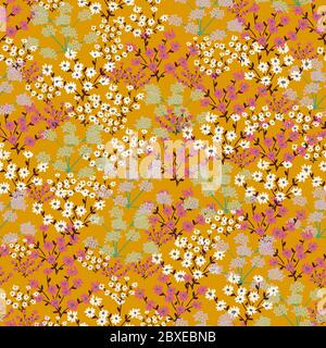 Nahtloses Muster mit kleinen, winzigen Wildblumen auf orangefarbenem Hintergrund. Stock Vektor