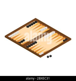 Vector Illustration isometrische Backgammon Holzbrett und Chips für Spiel. Brettspiel Stock Vektor