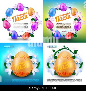 Happy Easter Vektor-Set von Grußkarten oder Banner mit Farbe bemalten Eiern, Frühlingsblumen und russischen Text (eng.: Frohe ostern). Perfekt für den Einsatz Stock Vektor