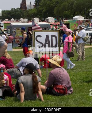 Washington, D.C., USA. Juni 2019. Der männliche Protestler hält ein Protestschild mit zwei winkenden amerikanischen Flaggen zur Unterstützung der Bewegung, um Präsident Donald Trump beim National March zu entheben, um zu entklagen, das lautet: "Ad.", wobei er auf einen häufigen Versuch einer Beleidigung verweist, für die Trump in seinen Twitter-Tweets bekannt geworden ist. Er trägt einen Strohhut und einen fanny Pack/Bum Bag und sitzt auf grünem Gras mit zwei Weibchen mit langen Pferdeschwänzen und Baseballmützen/Kappen und anderen um ihn herum, mit Blick auf einen Lautsprecher auf der Bühne (nicht sichtbar im Bild), mit Food Trucks im Hintergrund. Kay Howell/Alamy Stockfoto