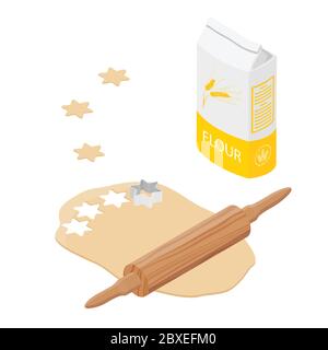 Teig vorbereiten, Plätzchen backen. Ausstecher aus Metall, Mehlbeutel, Nudelholz und Teig. Isometrische Ansicht. Vektor Stock Vektor