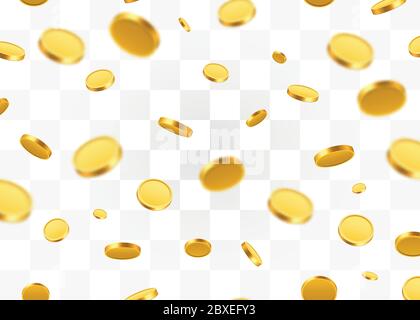 Fallende Münzen, fallende Münzen, fliegende Goldmünzen, goldener Regen. Jackpot oder Erfolgskonzept. Vektorgrafik Stock Vektor