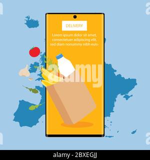 Einkaufstasche mit frischen Lebensmitteln und Smartphone. Supermarkt, Lebensmittel und isst Online-Kauf und Lieferung Konzept. Vektor Stock Vektor
