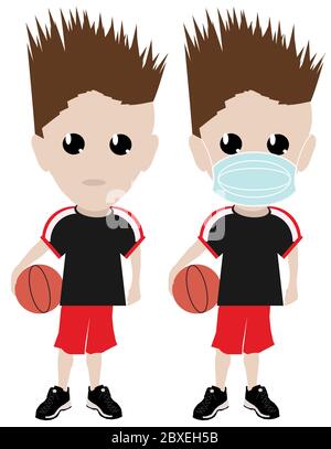 Kind Boy Basketball-Spieler mit und ohne Gesichtsmaske Vektor-Illustration Stockfoto