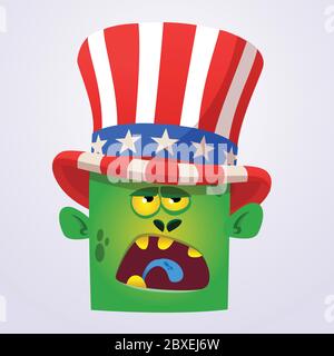 Verrückte grüne Cartoon Monster tragen Onkel Sam Hut. Design Charakter für American Independence Day. Vektorgrafik für Druck oder Dekoration Stock Vektor