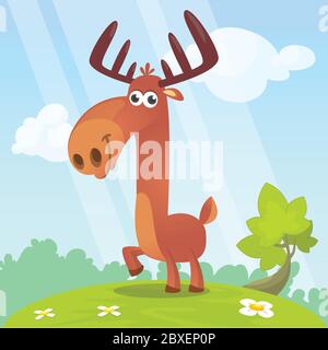 Lustige Cartoon Elch auf der Wiese stehen. Vektorgrafik Stock Vektor