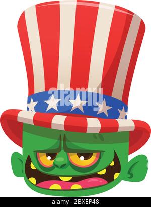 Niedliche grüne Cartoon Monster tragen Onkel Sam Hut. Design Charakter für American Independence Day. Vektorgrafik für Druck oder Dekoration Stock Vektor
