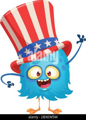 Amüsant flauschig blau Cartoon Monster trägt Onkel Sam Hut. Design Charakter für Independence Day. Vektorgrafik für Druck oder Dekoration Stock Vektor