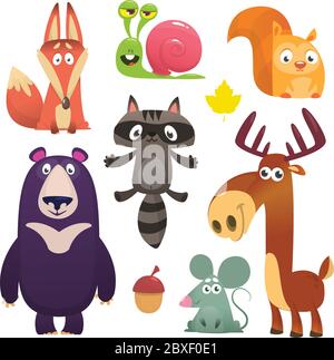 Cartoon Wald Tiere Set. Design mit flachen Vektorgrafiken. Eichhörnchen, Schnecke, Waschbär, Maus, Fuchs, Hirsch oder Elch, Bär Stock Vektor