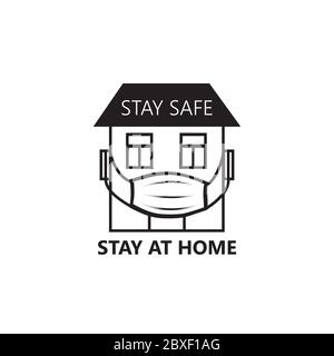 Quarantänezeichen. Crestative Symbol mit Haus, trägt medizinische Maske und Schriftzug "Stay Home", "Stay Safe" auf weißem Hintergrund. Stock Vektor