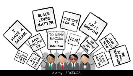 Die internationale Menschenrechtsbewegung Black Lives Matter mit Menschen, die friedlich isoliert auf weißem Hintergrund demonstrieren Stockfoto
