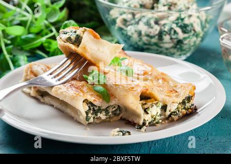 Portion Cannelloni gefüllt mit Spinat und Ricotta. Italienische Küche Stockfoto