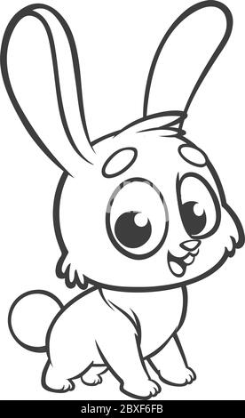 Malvorlagen. Tiere. Cartoon von einem kleinen niedlichen Hasen steht und lächelt. Skizzierte Linienkunst. Vektorgrafik eines Kaninchens Stock Vektor