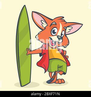 Cartoon Fuchs Surfer mit Surfbrett. Vektorgrafik Stock Vektor