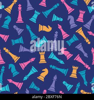Nahtloses Vektor-Muster mit farbigem Schach auf blau. Schachfiguren Nahtloses Aufdruck. Vektor-Illustration Set von Schachfiguren. Hintergrund des Schachspiels. Stock Vektor