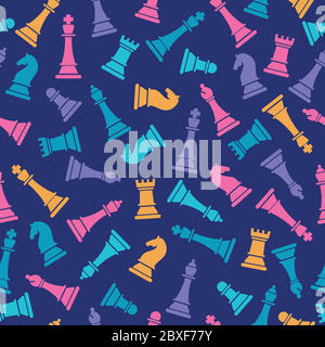 Nahtloses Vektor-Muster mit farbigem Schach auf blau. Schachfiguren Nahtloses Aufdruck. Vektor-Illustration Set von Schachfiguren. Hintergrund des Schachspiels. Stock Vektor