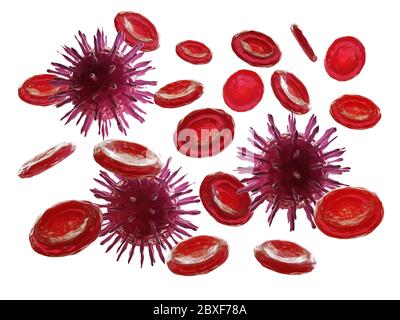 Virus infiziert das Blut auf weißem Hintergrund. 3d-Illustration Stockfoto