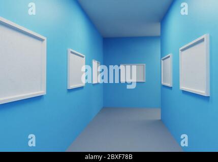Galerie Innenraum mit leeren Rahmen an der Wand, blauer Flur. 3d-Illustration Stockfoto