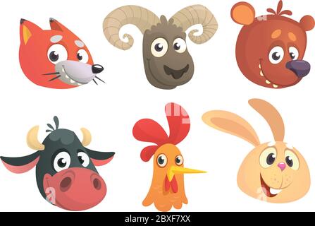 Set von Cartoon Wald Tiere Kopf Symbole. Vektor-Sammlung von Wald wilde Tiere Zeichen. Fuchs, Schaf, Bär, Kuh, Hahn oder Huhn, Kaninchen. Des Stock Vektor